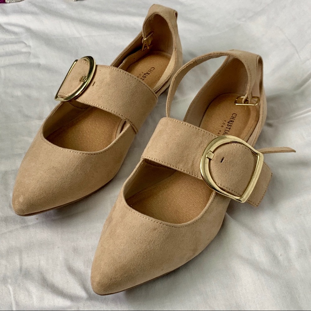 Tan Pointy Flats with a Gold Buckle